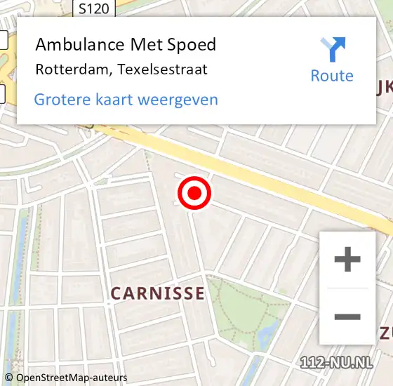 Locatie op kaart van de 112 melding: Ambulance Met Spoed Naar Rotterdam, Texelsestraat op 30 juli 2024 14:51