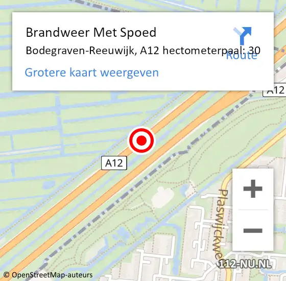 Locatie op kaart van de 112 melding: Brandweer Met Spoed Naar Bodegraven-Reeuwijk, A12 hectometerpaal: 30 op 30 juli 2024 14:51