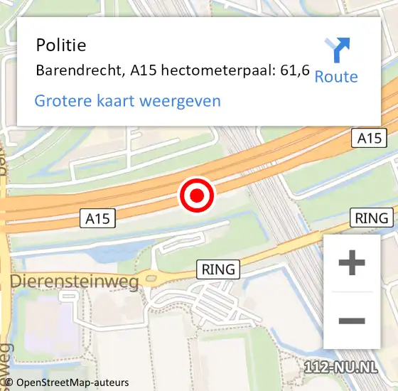 Locatie op kaart van de 112 melding: Politie Barendrecht, A15 hectometerpaal: 61,6 op 30 juli 2024 14:59