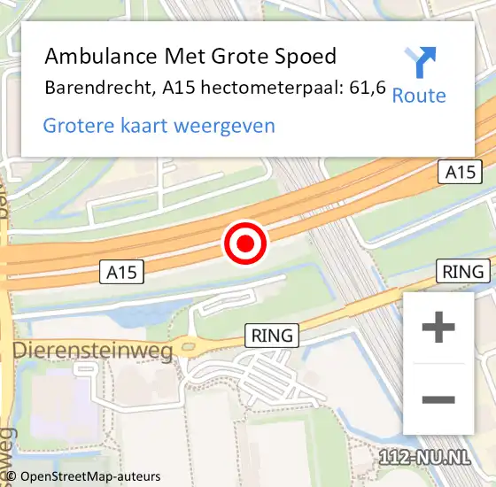 Locatie op kaart van de 112 melding: Ambulance Met Grote Spoed Naar Barendrecht, A15 hectometerpaal: 61,6 op 30 juli 2024 15:06
