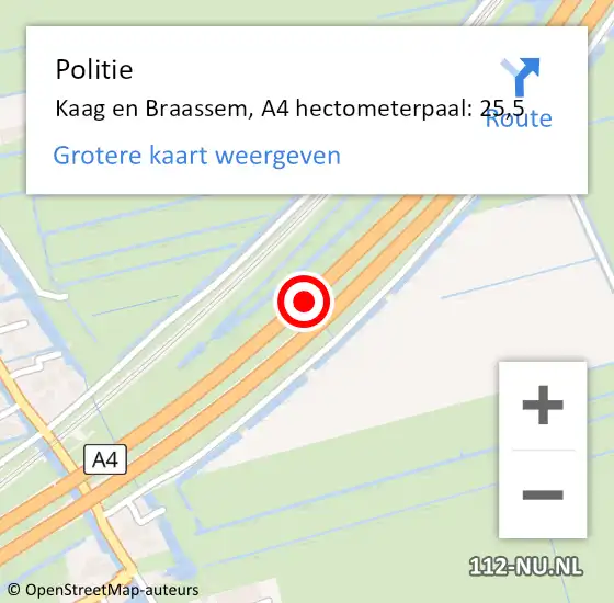 Locatie op kaart van de 112 melding: Politie Kaag en Braassem, A4 hectometerpaal: 25,5 op 30 juli 2024 15:31