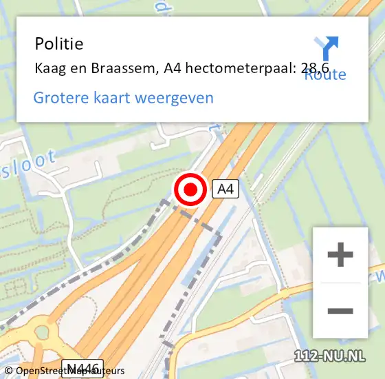 Locatie op kaart van de 112 melding: Politie Kaag en Braassem, A4 hectometerpaal: 28,6 op 30 juli 2024 15:39