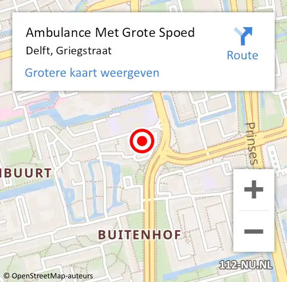 Locatie op kaart van de 112 melding: Ambulance Met Grote Spoed Naar Delft, Griegstraat op 30 juli 2024 17:44