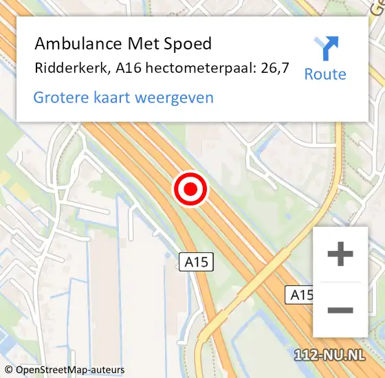 Locatie op kaart van de 112 melding: Ambulance Met Spoed Naar Ridderkerk, A16 hectometerpaal: 26,7 op 30 juli 2024 18:41