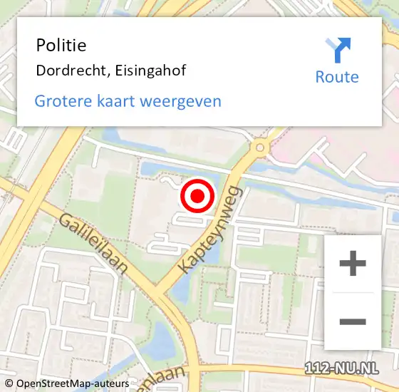 Locatie op kaart van de 112 melding: Politie Dordrecht, Eisingahof op 30 juli 2024 20:42