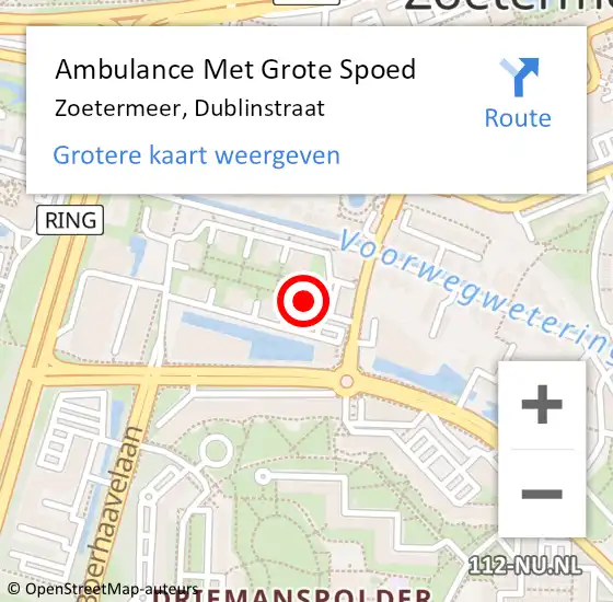 Locatie op kaart van de 112 melding: Ambulance Met Grote Spoed Naar Zoetermeer, Dublinstraat op 30 juli 2024 21:15