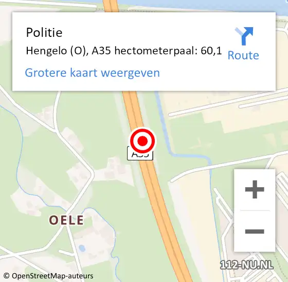 Locatie op kaart van de 112 melding: Politie Hengelo (O), A35 hectometerpaal: 60,1 op 31 juli 2024 03:46