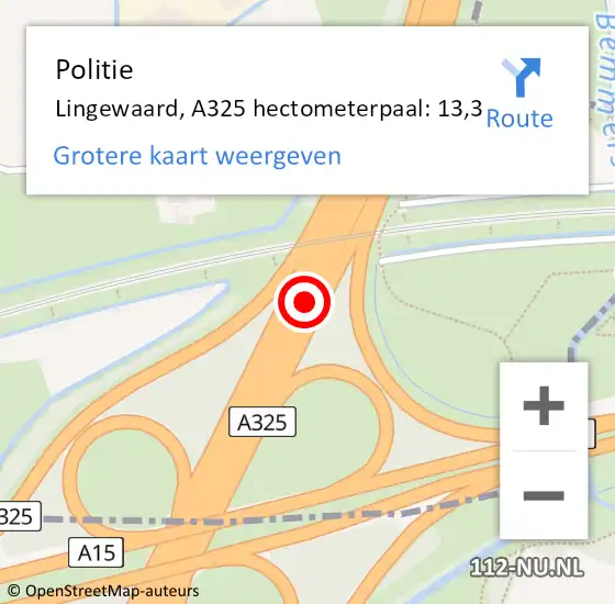 Locatie op kaart van de 112 melding: Politie Lingewaard, A325 hectometerpaal: 13,3 op 31 juli 2024 08:04