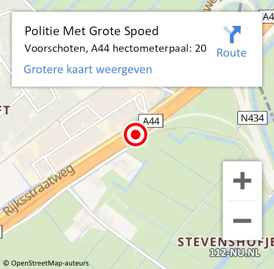 Locatie op kaart van de 112 melding: Politie Met Grote Spoed Naar Voorschoten, A44 hectometerpaal: 20 op 31 juli 2024 08:46