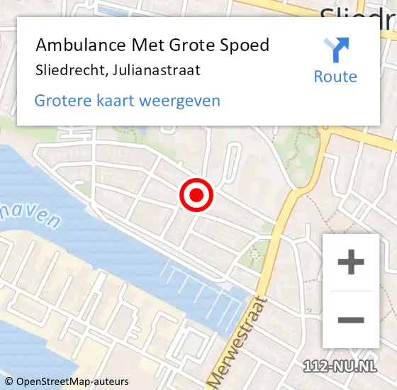 Locatie op kaart van de 112 melding: Ambulance Met Grote Spoed Naar Sliedrecht, Julianastraat op 31 juli 2024 09:00