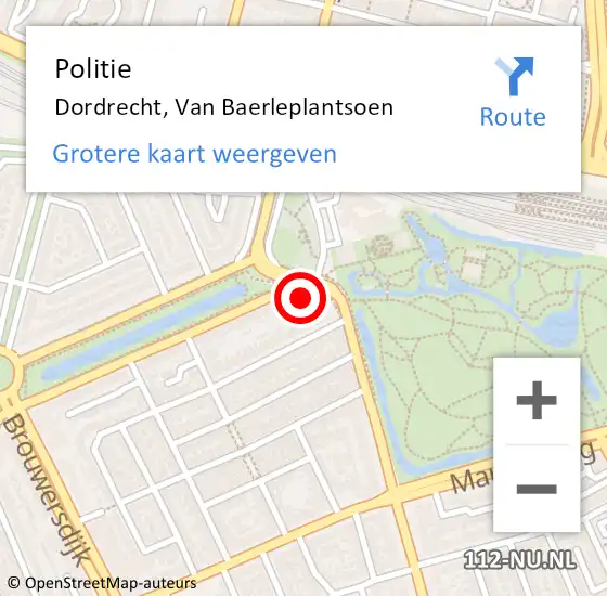 Locatie op kaart van de 112 melding: Politie Dordrecht, Van Baerleplantsoen op 31 juli 2024 10:24