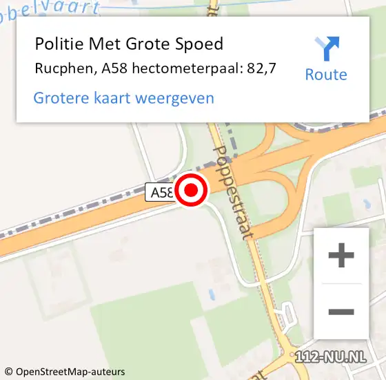 Locatie op kaart van de 112 melding: Politie Met Grote Spoed Naar Rucphen, A58 hectometerpaal: 82,7 op 31 juli 2024 12:35
