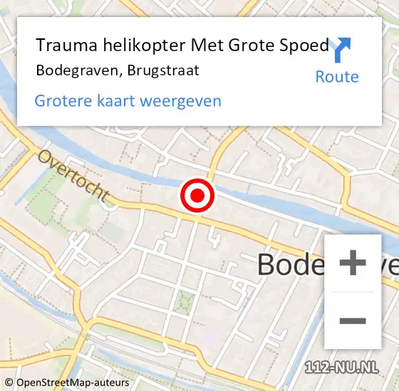 Locatie op kaart van de 112 melding: Trauma helikopter Met Grote Spoed Naar Bodegraven, Brugstraat op 31 juli 2024 13:00
