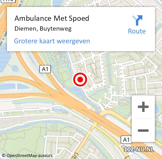 Locatie op kaart van de 112 melding: Ambulance Met Spoed Naar Diemen, Buytenweg op 31 juli 2024 14:55