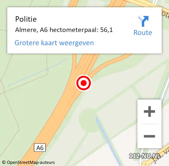 Locatie op kaart van de 112 melding: Politie Almere, A6 hectometerpaal: 56,1 op 31 juli 2024 16:14
