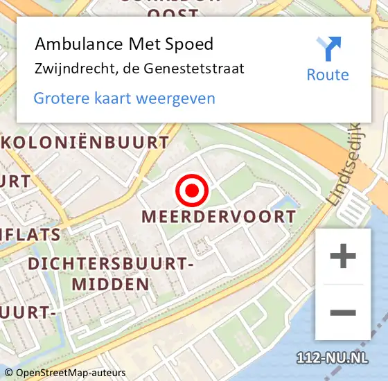 Locatie op kaart van de 112 melding: Ambulance Met Spoed Naar Zwijndrecht, de Genestetstraat op 31 juli 2024 16:46