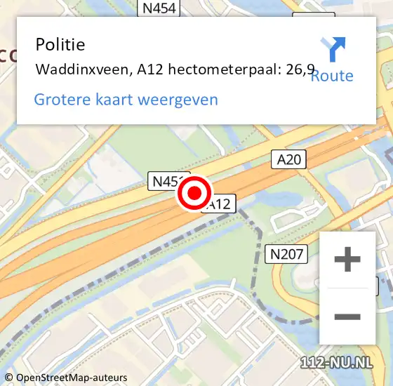 Locatie op kaart van de 112 melding: Politie Waddinxveen, A12 hectometerpaal: 26,9 op 31 juli 2024 17:34