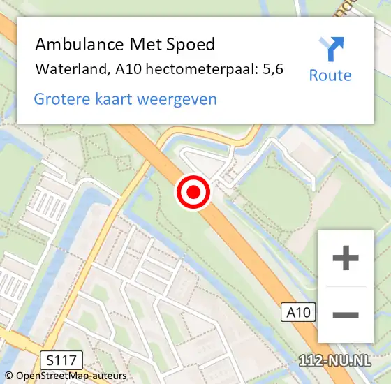 Locatie op kaart van de 112 melding: Ambulance Met Spoed Naar Waterland, A10 hectometerpaal: 5,6 op 31 juli 2024 17:55