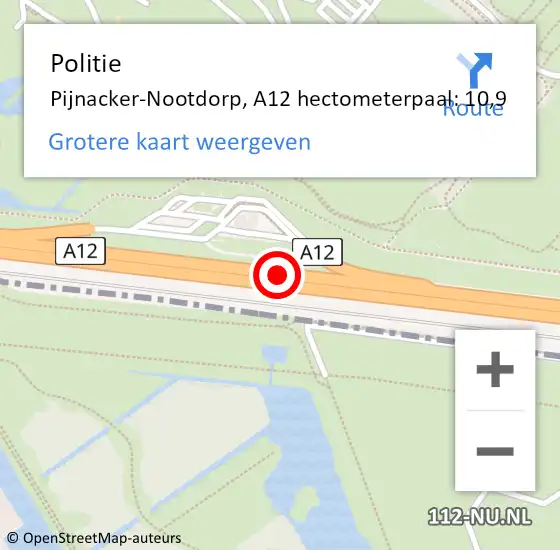 Locatie op kaart van de 112 melding: Politie Pijnacker-Nootdorp, A12 hectometerpaal: 10,9 op 31 juli 2024 19:45