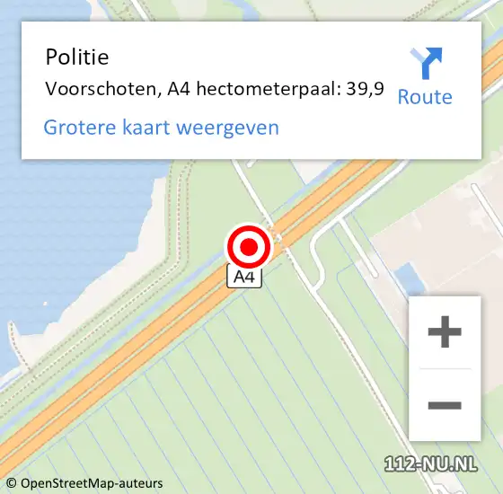 Locatie op kaart van de 112 melding: Politie Voorschoten, A4 hectometerpaal: 39,9 op 31 juli 2024 20:51