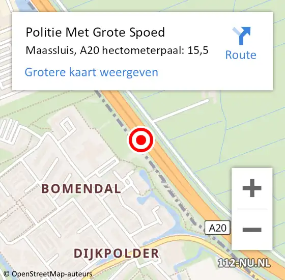 Locatie op kaart van de 112 melding: Politie Met Grote Spoed Naar Maassluis, A20 hectometerpaal: 15,5 op 31 juli 2024 22:25