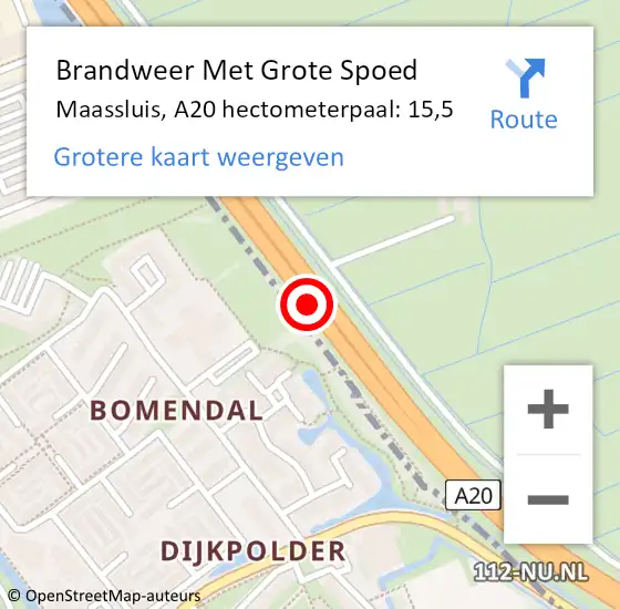 Locatie op kaart van de 112 melding: Brandweer Met Grote Spoed Naar Maassluis, A20 hectometerpaal: 15,5 op 31 juli 2024 22:26