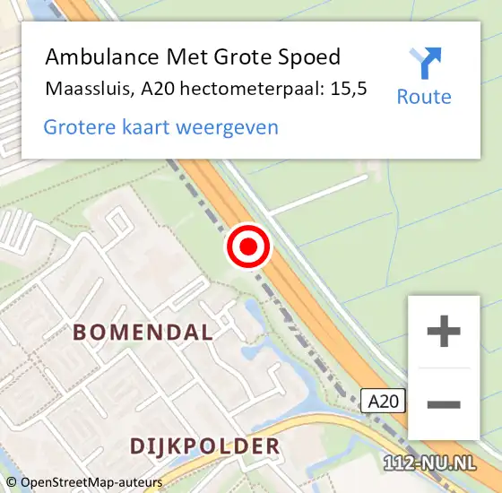 Locatie op kaart van de 112 melding: Ambulance Met Grote Spoed Naar Maassluis, A20 hectometerpaal: 15,5 op 31 juli 2024 22:26