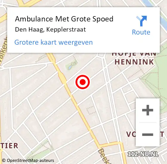 Locatie op kaart van de 112 melding: Ambulance Met Grote Spoed Naar Den Haag, Kepplerstraat op 31 juli 2024 23:05