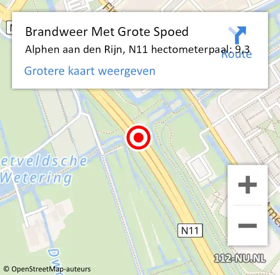 Locatie op kaart van de 112 melding: Brandweer Met Grote Spoed Naar Alphen aan den Rijn, N11 hectometerpaal: 9,3 op 31 juli 2024 23:39