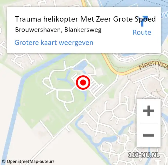 Locatie op kaart van de 112 melding: Trauma helikopter Met Zeer Grote Spoed Naar Brouwershaven, Blankersweg op 1 augustus 2024 01:18