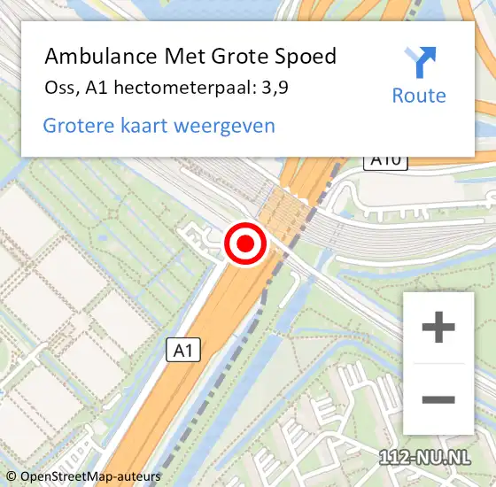 Locatie op kaart van de 112 melding: Ambulance Met Grote Spoed Naar Oss, A1 hectometerpaal: 3,9 op 1 augustus 2024 04:23