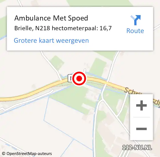 Locatie op kaart van de 112 melding: Ambulance Met Spoed Naar Brielle, N218 hectometerpaal: 16,7 op 1 augustus 2024 07:31