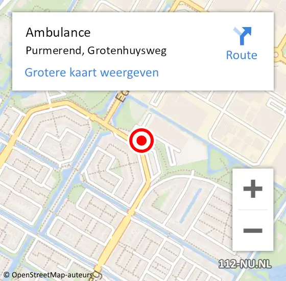 Locatie op kaart van de 112 melding: Ambulance Purmerend, Grotenhuysweg op 1 augustus 2024 08:56