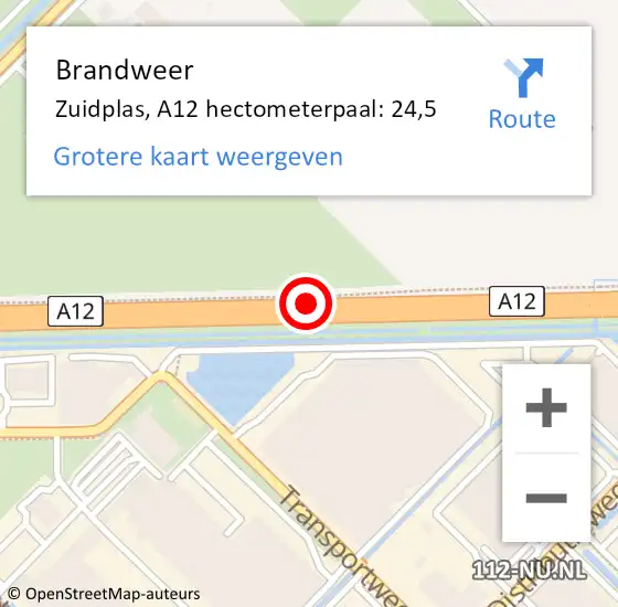 Locatie op kaart van de 112 melding: Brandweer Zuidplas, A12 hectometerpaal: 24,5 op 1 augustus 2024 09:12