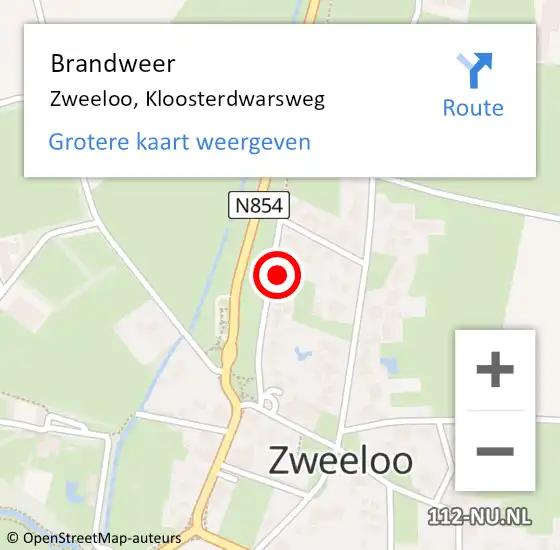 Locatie op kaart van de 112 melding: Brandweer Zweeloo, Kloosterdwarsweg op 1 augustus 2024 10:02