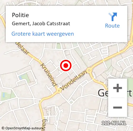 Locatie op kaart van de 112 melding: Politie Gemert, Jacob Catsstraat op 1 augustus 2024 10:54