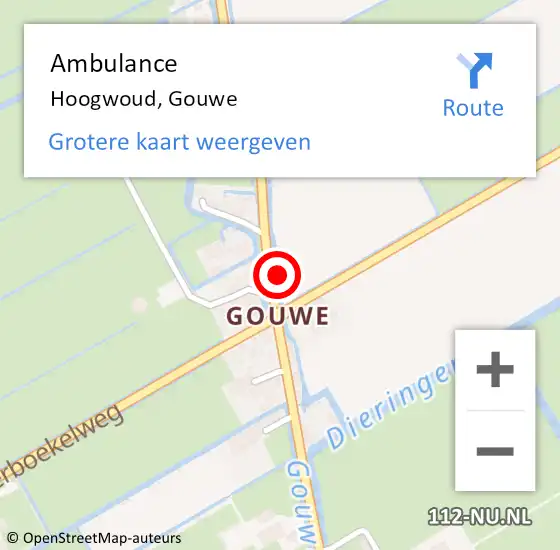 Locatie op kaart van de 112 melding: Ambulance Hoogwoud, Gouwe op 1 augustus 2024 11:30