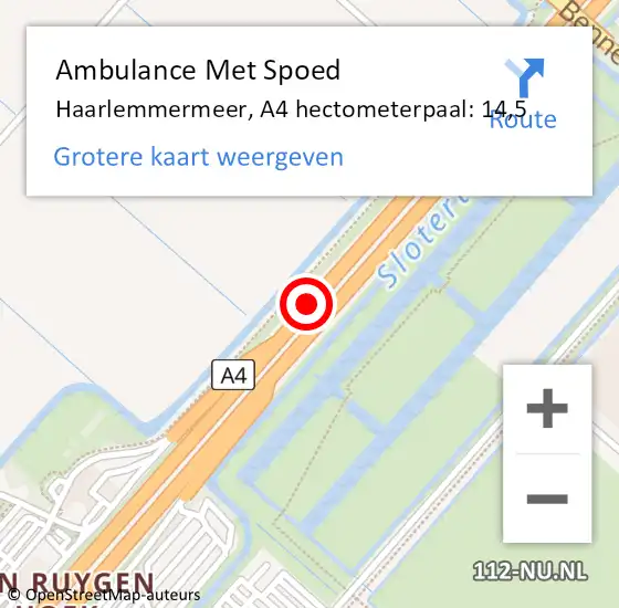 Locatie op kaart van de 112 melding: Ambulance Met Spoed Naar Haarlemmermeer, A4 hectometerpaal: 14,5 op 1 augustus 2024 11:51