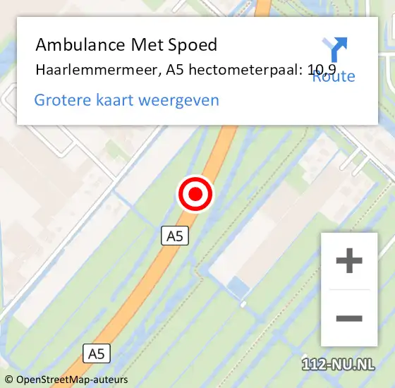 Locatie op kaart van de 112 melding: Ambulance Met Spoed Naar Haarlemmermeer, A5 hectometerpaal: 10,9 op 1 augustus 2024 12:45