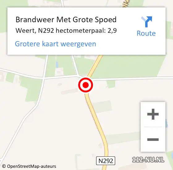 Locatie op kaart van de 112 melding: Brandweer Met Grote Spoed Naar Weert, N292 hectometerpaal: 2,9 op 1 augustus 2024 13:04