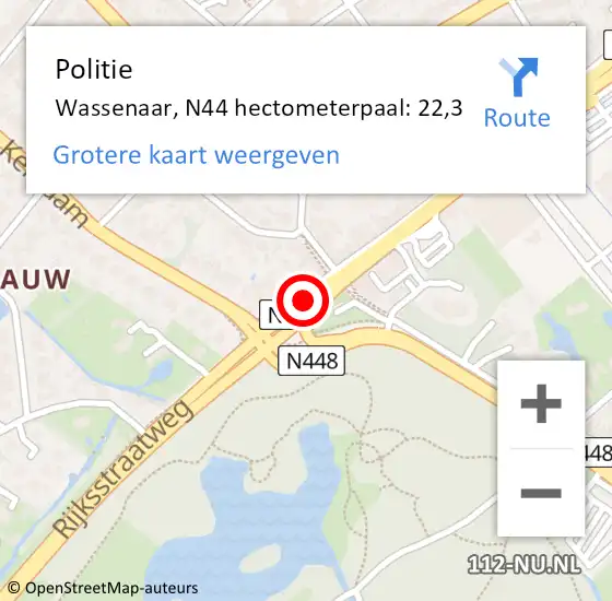 Locatie op kaart van de 112 melding: Politie Wassenaar, N44 hectometerpaal: 22,3 op 1 augustus 2024 14:00