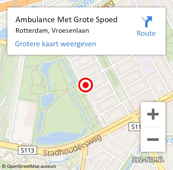 Locatie op kaart van de 112 melding: Ambulance Met Grote Spoed Naar Rotterdam, Vroesenlaan op 1 augustus 2024 15:05