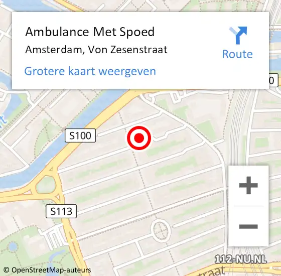 Locatie op kaart van de 112 melding: Ambulance Met Spoed Naar Amsterdam, Von Zesenstraat op 1 augustus 2024 15:06