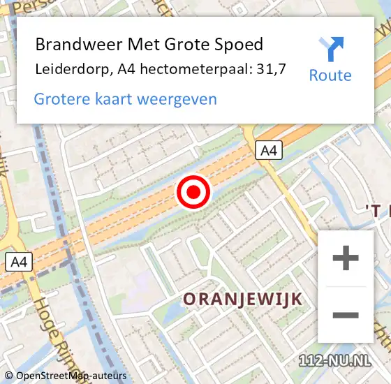 Locatie op kaart van de 112 melding: Brandweer Met Grote Spoed Naar Leiderdorp, A4 hectometerpaal: 31,7 op 1 augustus 2024 16:12