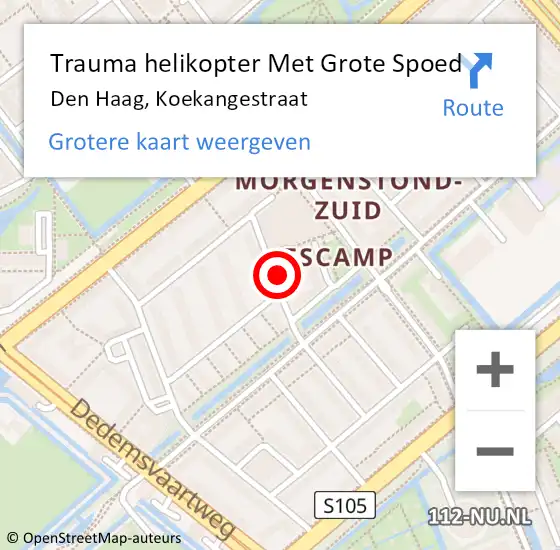 Locatie op kaart van de 112 melding: Trauma helikopter Met Grote Spoed Naar Den Haag, Koekangestraat op 1 augustus 2024 18:17