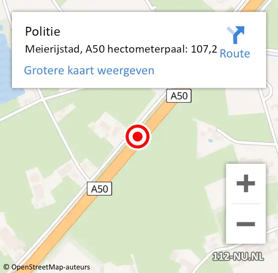 Locatie op kaart van de 112 melding: Politie Meierijstad, A50 hectometerpaal: 107,2 op 1 augustus 2024 19:52