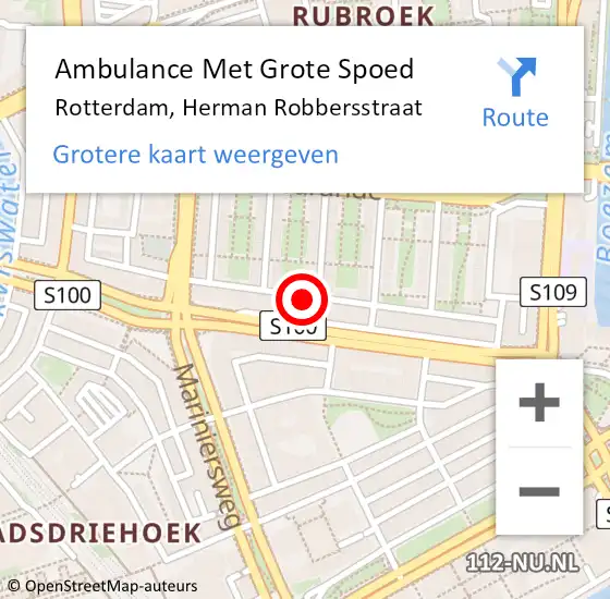 Locatie op kaart van de 112 melding: Ambulance Met Grote Spoed Naar Rotterdam, Herman Robbersstraat op 1 augustus 2024 21:49