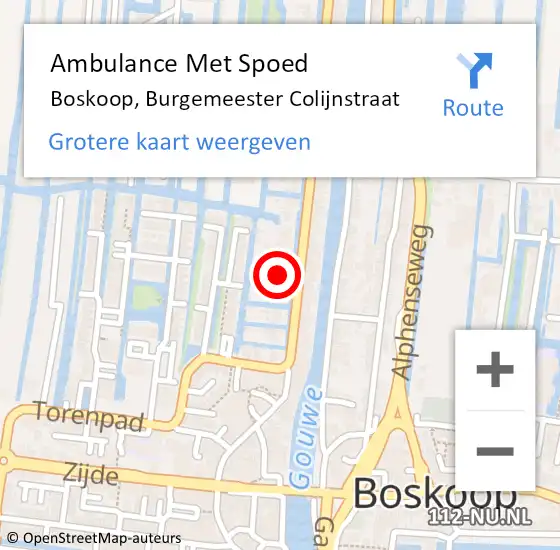 Locatie op kaart van de 112 melding: Ambulance Met Spoed Naar Boskoop, Burgemeester Colijnstraat op 1 augustus 2024 22:13