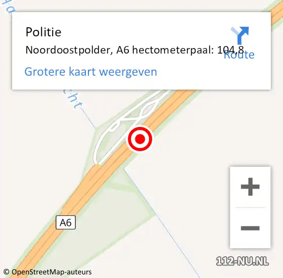 Locatie op kaart van de 112 melding: Politie Noordoostpolder, A6 hectometerpaal: 104,8 op 1 augustus 2024 22:27