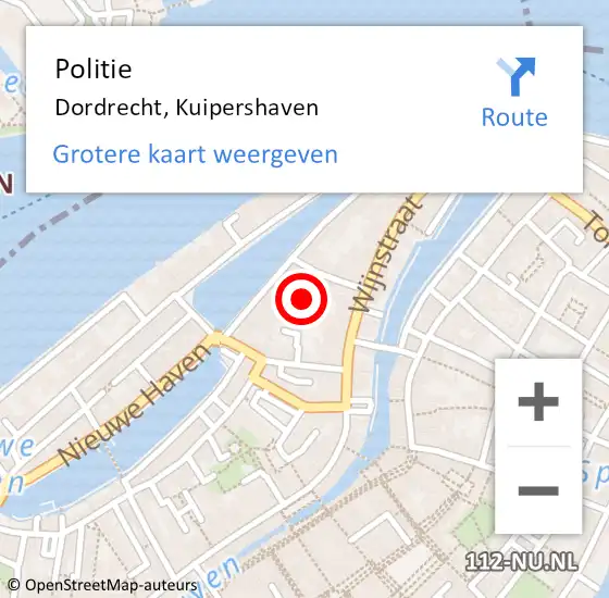 Locatie op kaart van de 112 melding: Politie Dordrecht, Kuipershaven op 1 augustus 2024 23:05